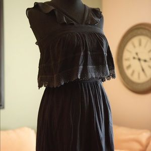 Intu Black Dress V-strap Boho Ruffle Gauze Lace